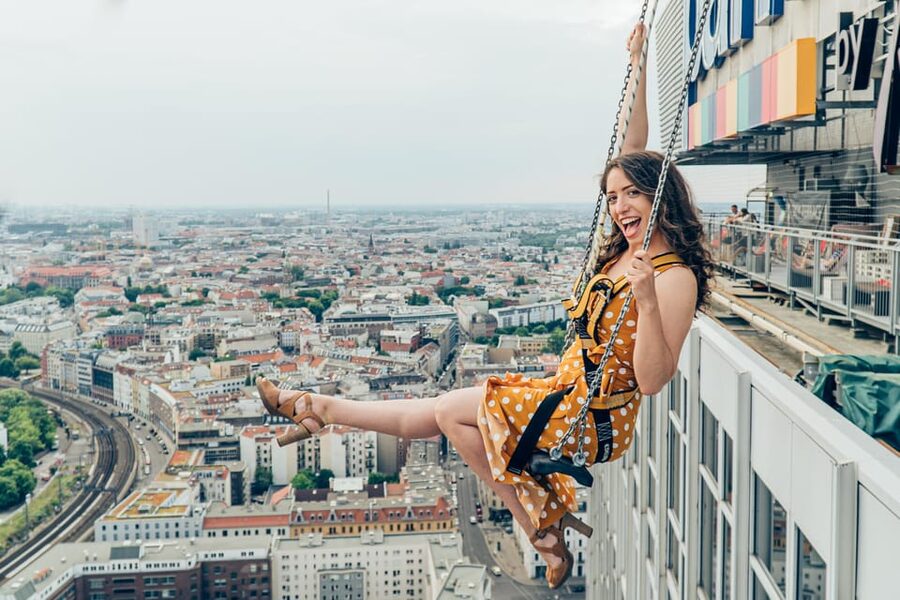 Berlin: Highest Swing in Europe - Reaching the Park Inn roof at Alexanderplatz